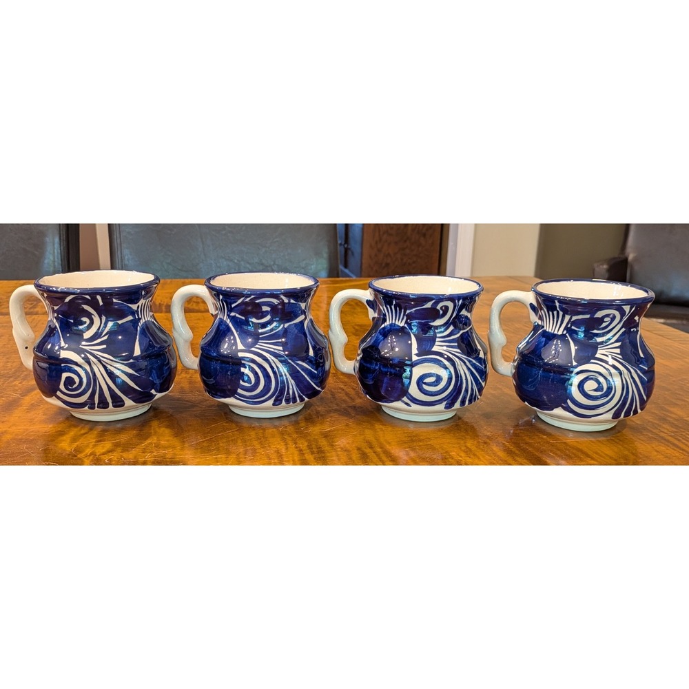 La Mexicana Talavera Taza Mexico Coffee Mug Set of 4 Brilliant Blue and White - Picture 4 of 9